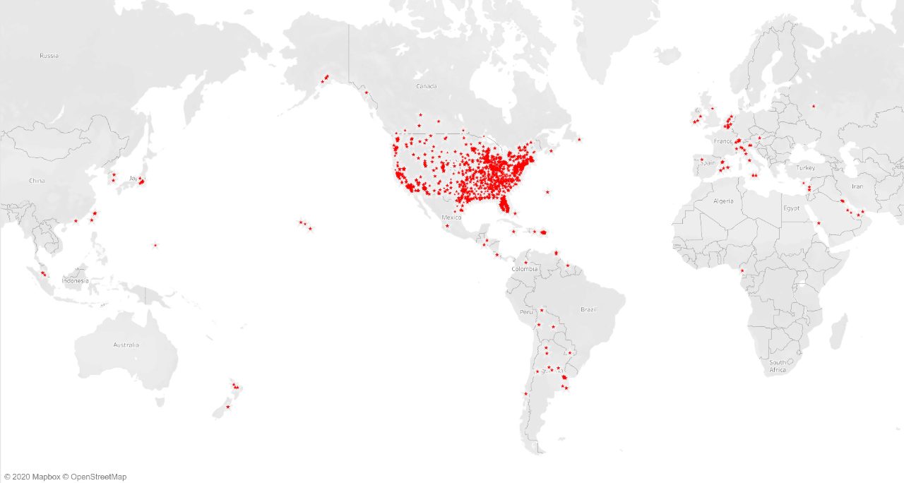 Map of the world with red dots in certain places