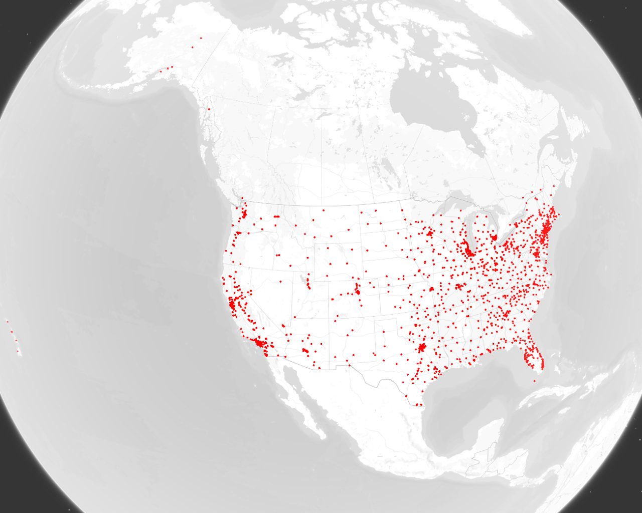 Map of the United States with red dots in certain places