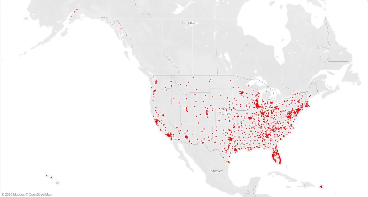 Map of the United States with red dots in certain places